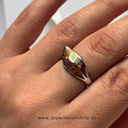 Anillo Plata 925 "Hoja" Ópalo de Fuego | Joyería Lion Chile
