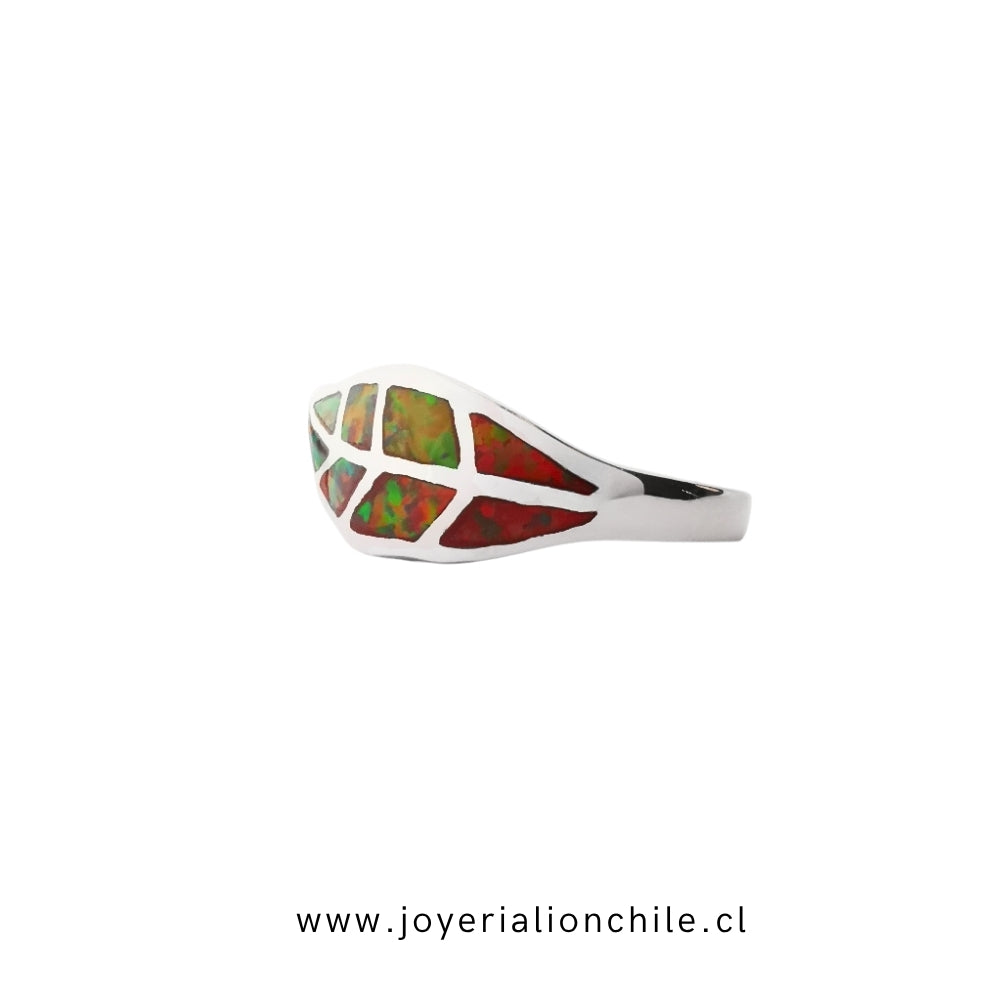 Anillo Plata 925 "Hoja" Ópalo de Fuego | Joyería Lion Chile