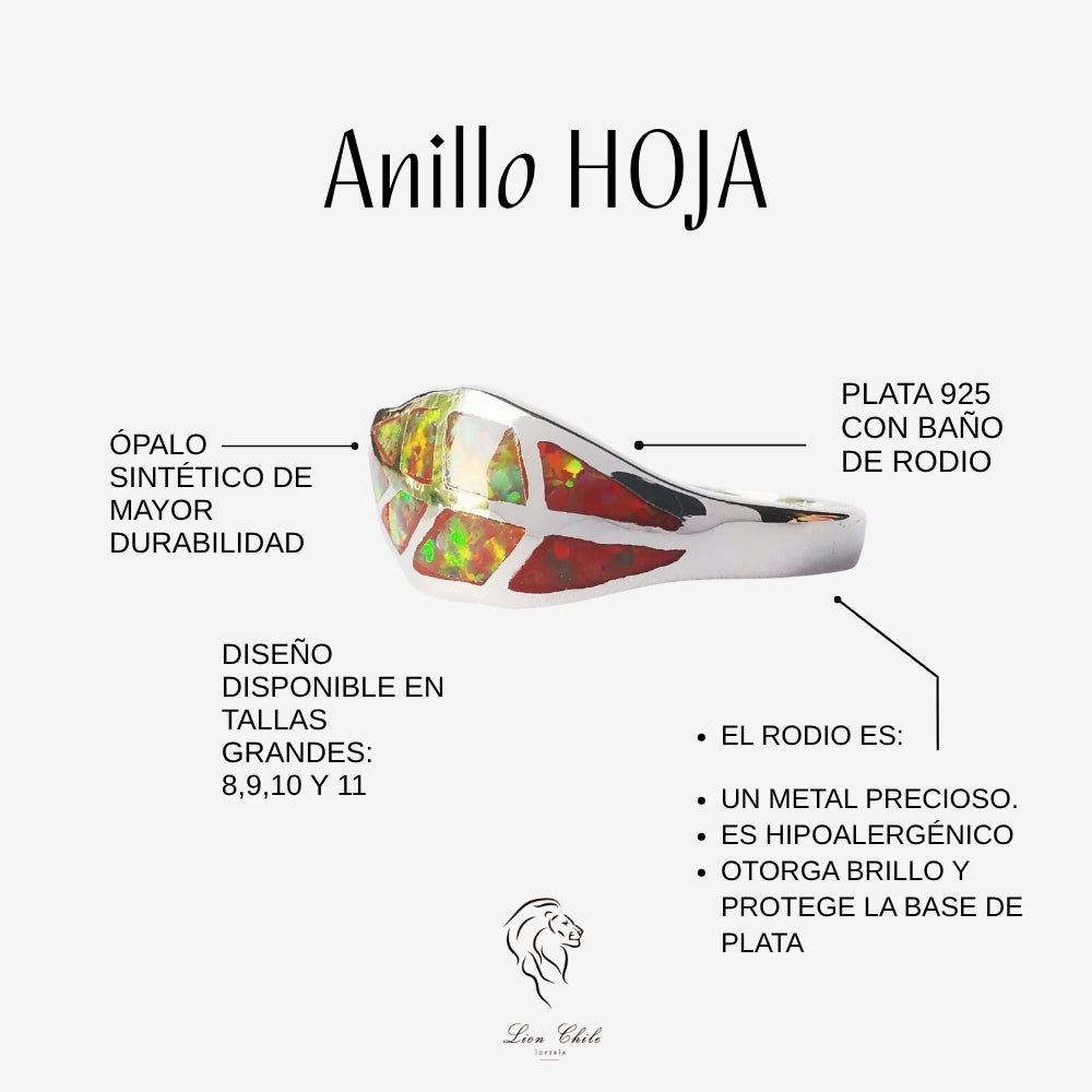 Anillo Plata 925 "Hoja"  Ópalo de Fuego | Joyería Lion Chile