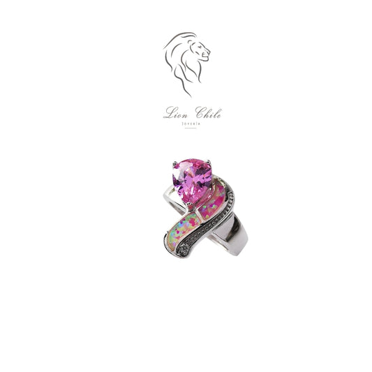 Anillo Plata 925 "Amor" Circonita y Ópalo Rosa | Joyería Lion Chile
