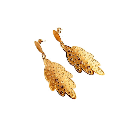 Aros Colgantes Hoja Dorada | Acero Inoxidable Baño Oro 18K