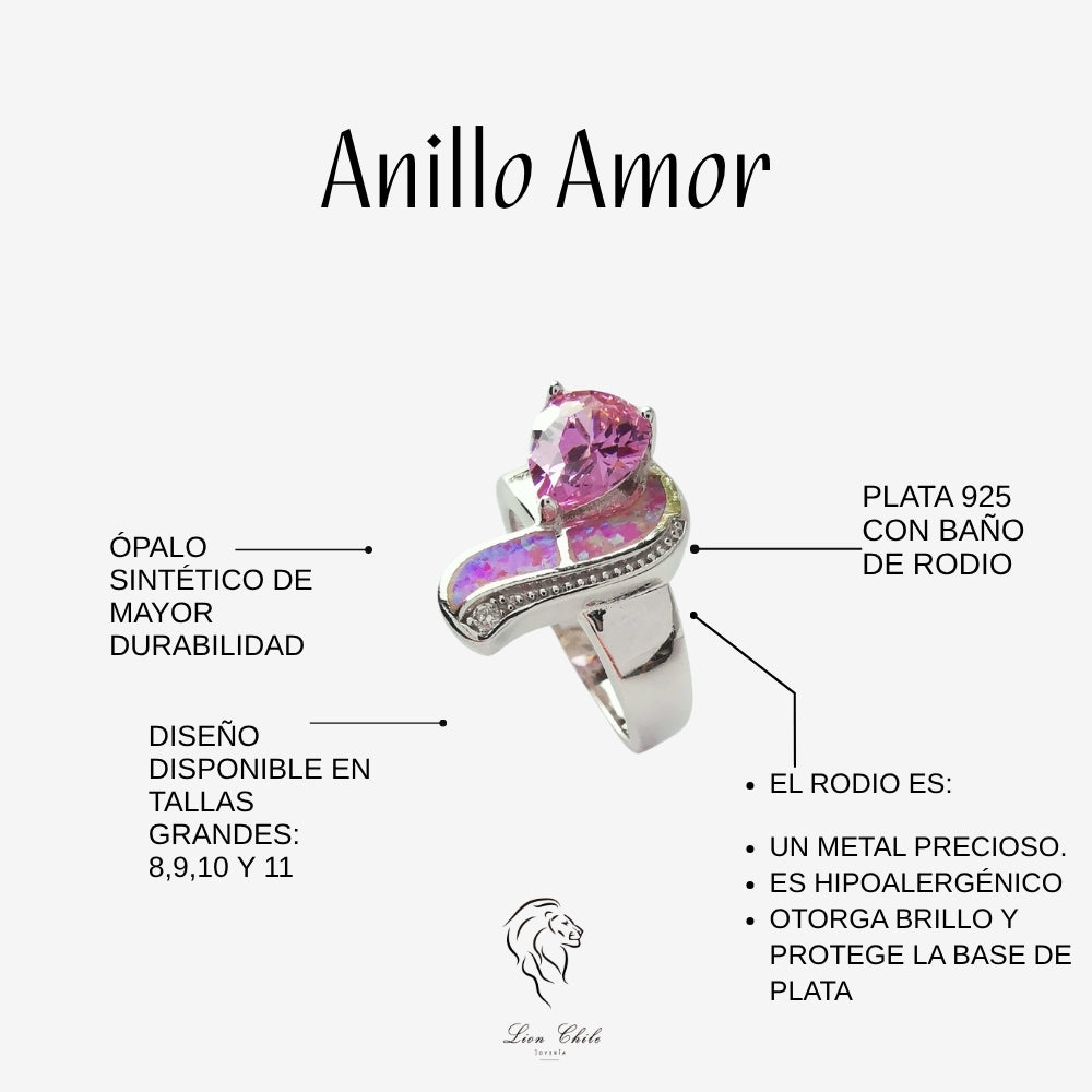 Anillo Plata 925 "Amor" Circonita y Ópalo Rosa | Joyería Lion Chile