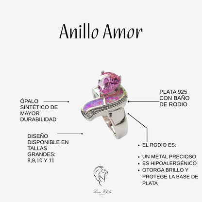 Anillo Plata 925 "Amor" Circonita y Ópalo Rosa | Joyería Lion Chile