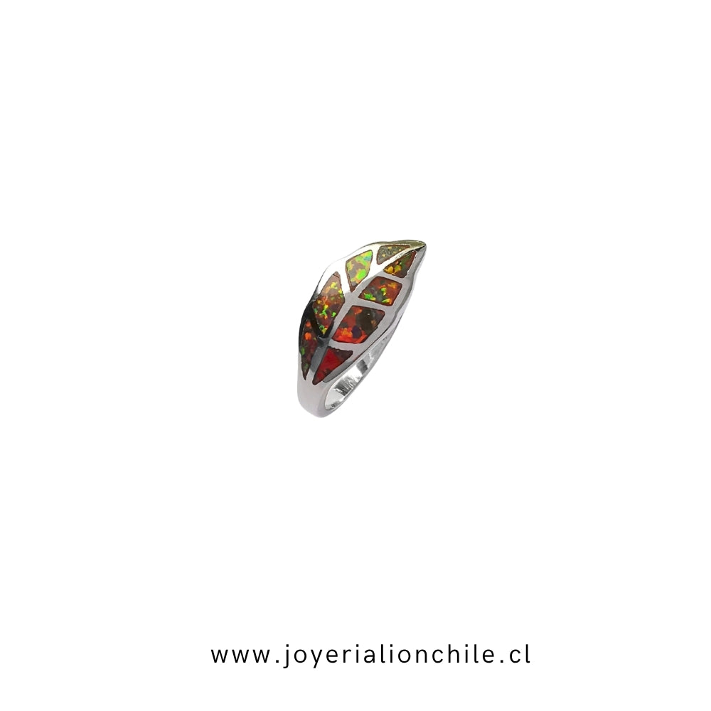 Anillo Plata 925 "Hoja"  Ópalo de Fuego | Joyería Lion Chile