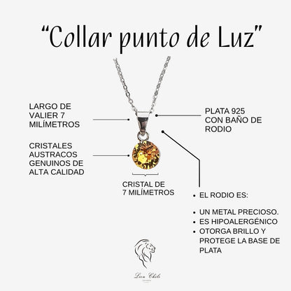 Primer plano de los reflejos y brillo de un cristal austriaco amarillo citrino en collar punto de luz pequeño.